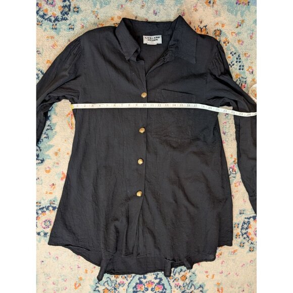 Vintage Laura Kidd Studios Black Gauzy Button-Up Tunic w/ Gold Shell Buttons: XL - Picture 8 of 12